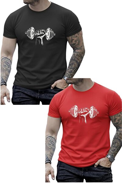 NO 601 Men's Red-Black 2-Piece Dumbell Printed Slim Slim Fit Tshirt