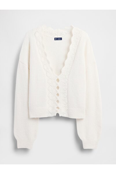 GAP Kadın Beyaz Fuzzy Pointelle Dantel Kenarlı Crop Hırka