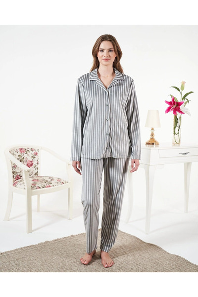 Estiva 25360 Shirt Collar Striped Velvet Pajama Set