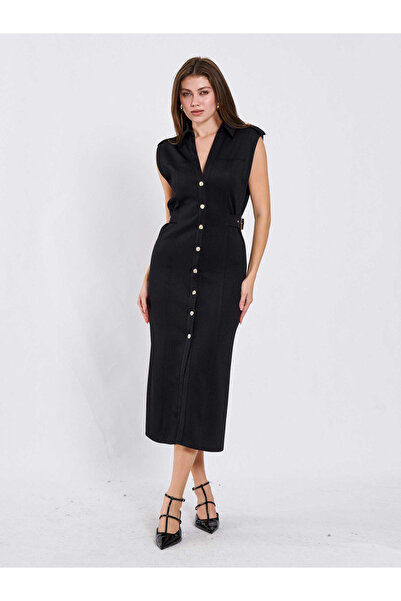 Womengrom Lefon Women's Shoulder Pad Knitted Dress with Side Belt and Front Buttons