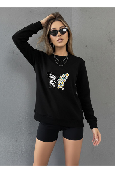 uyguntarz Unisex Daisy Butterfly Printed Design Oversized Crew Neck Sweatshirt