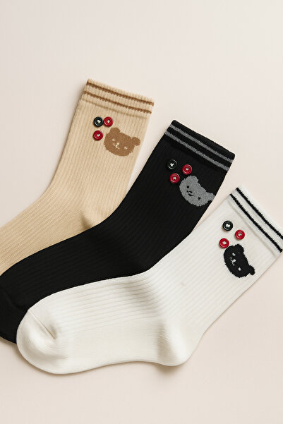 shefox 3 أزواج من الجوارب القطنية الفاخرة ذات الأزرار على شكل دمية دب للسيدات