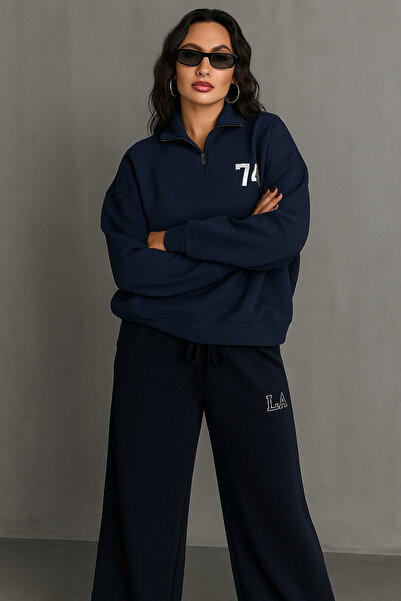 COOLHILL Women's 74 Printed Half Zip Sweatshirt and La Sweatpants Set