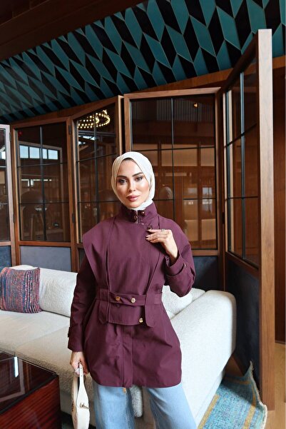 RMG BUTİK Trenci scurt pentru femei, cu detaliu cu nasturi