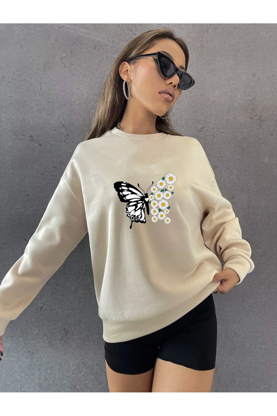 uyguntarz Унисекс суитшърт с голям размер, с принт на маргаритки и пеперуди, с обло деколте