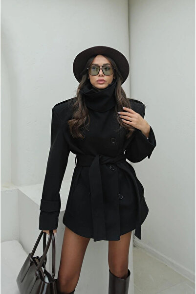 My Blog Palton negru cu detaliu de guler cu inserție - 1125