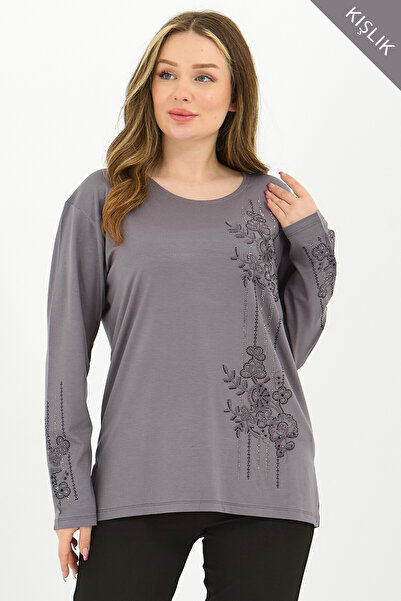 Ravencia Women's Winter Mid-Age and Above Viscose Stripe Pattern Stonework Embroidered Stretch Fabric Mother Combed Cotton Blouse