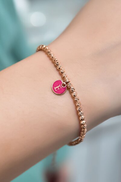 Flamingo 925 Ayar Gümüş Rose Kaplama Mineli E Harfli Dorika Toplu Bileklik