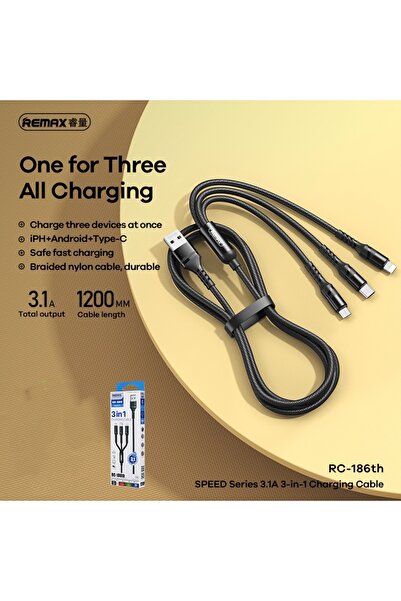 Remax RC-186TH 3 in 1 charging data cable, USB - Lightning/ Type C/ Micro USB 3, 1 A, 1.2 m, black