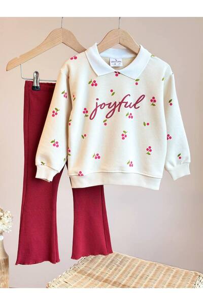 kidsense Joyfull Written Collar Detailed Cherry Patterned Corded Fabric Pants Girl's Suit