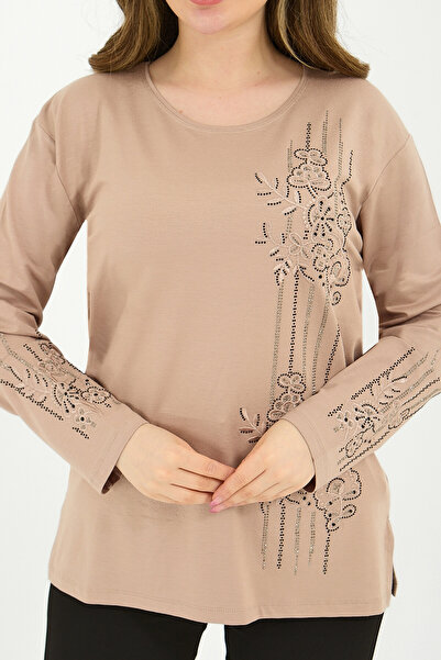 Ravencia Women's Winter Mid-Age and Above Viscose Stripe Pattern Stonework Embroidered Stretch Fabric Mother Combed Cotton Blouse