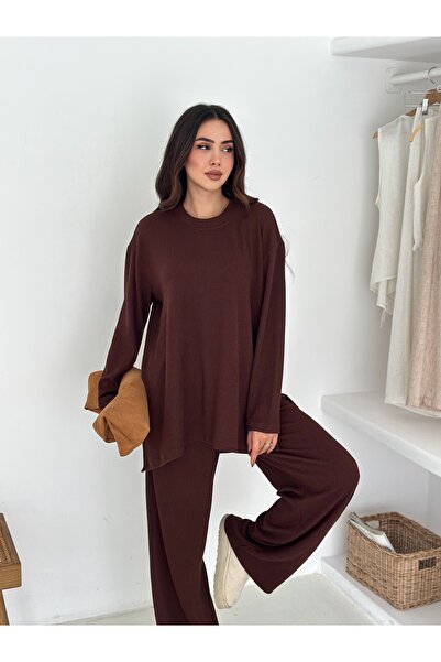 FEWTİNT Crew Neck, Long Sleeves, Tunic with Side Slit Detail. Elastic Waist Long Pants.
