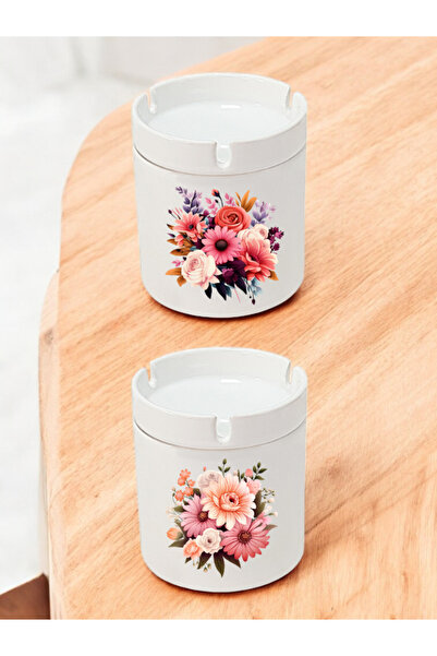 lili hediyelik Flowers Theme 2-Piece Ashtray - Large Ashtray, White Ashtray, Large Ash Tray, Large Odorless Ashtray