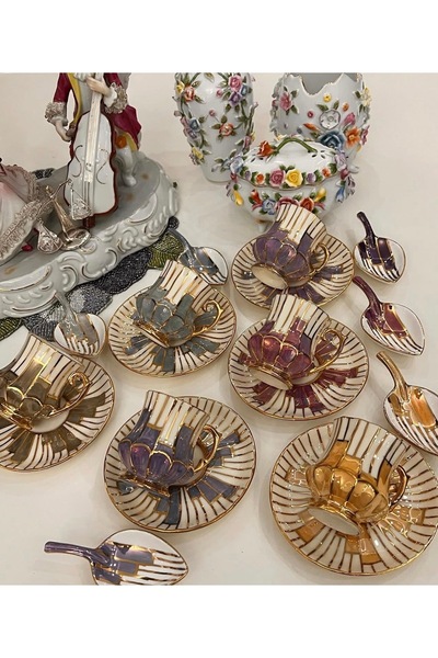 Handmade Esterhomedecor 6-Person Hand-Painted Porcelain Coffee Cup Set and 6 Spoon Turkish Delight Holders