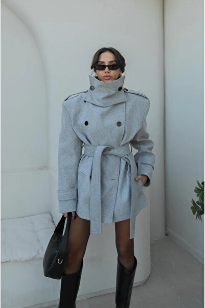 My Blog Grauer Kaschmirmantel mit Stehkragen und detailliertem Detail - 1125