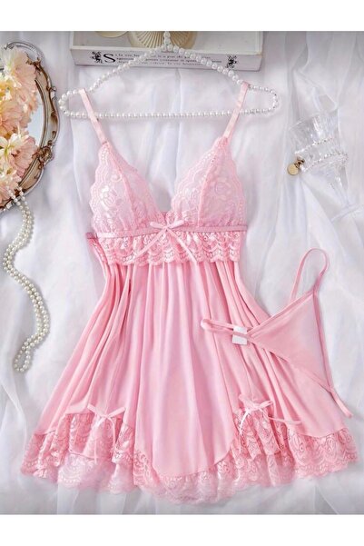 Oprah Kadın Dantel Detaylı Tül Gecelik & Tanga Takım