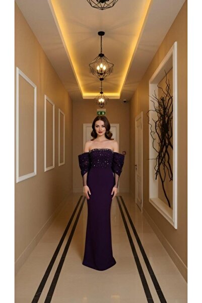 Modafeminen Flexible Scuba Fabric Strapless Flowy Sleeve Stone and Tulle Detailed Evening Dress 583336 Purple