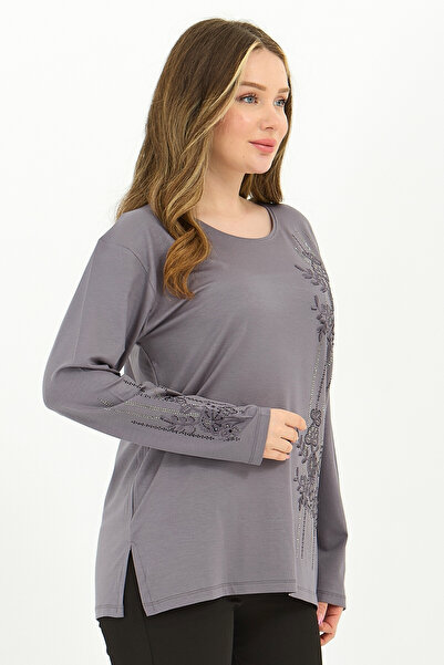 Ravencia Women's Winter Mid-Age and Above Viscose Stripe Pattern Stonework Embroidered Stretch Fabric Mother Combed Cotton Blouse