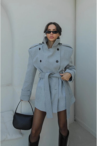 My Blog Grauer Kaschmirmantel mit Stehkragen und detailliertem Detail - 1125