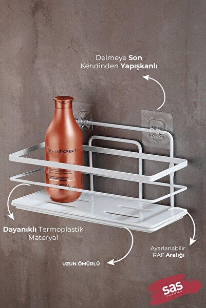 Sas Haus 2-Piece White Adhesive Adjustable Bathroom Shelf, Rustproof Crystal Shampoo Holder, (Adhesive/Screw-On)