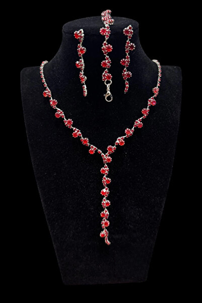 HUBANN Kırmızı Taşlı 3’ lü Y Kolye Set Kolye Küpe Bileklik Seti Hediye Seti A...