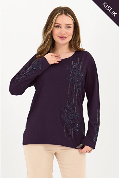 Ravencia Women's Winter Mid-Age and Above Viscose Stripe Pattern Stonework Embroidered Stretch Fabric Mother Combed Cotton Blouse