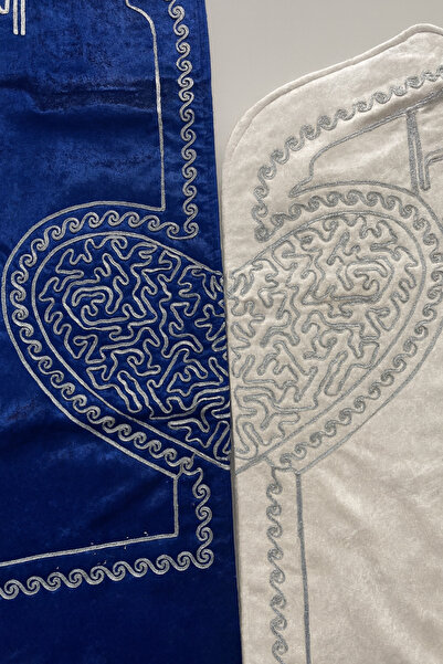 Bonny Home Μπλε κρεμ βελούδινο χαλί προσευχής με κέντημα διπλής καρδιάς, 2 τεμάχια, με σφουγγάρι, πακέτο προσευχής για ζευγάρια