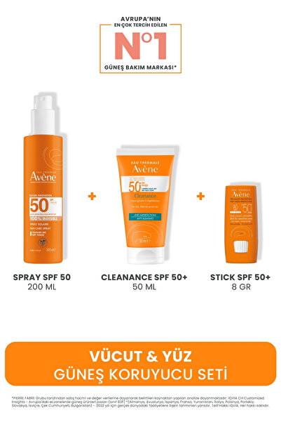 Avene Vücut & Yüz Güneş Koruyucu Seti (Spray 200 ML + Cleanance 50 ML + Stick...