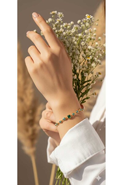 Flamingo 925 Ayar Gümüş Gold Kaplama Cam Göz Nazar Boncuklu Yeşim Baget Taşlı Bileklik