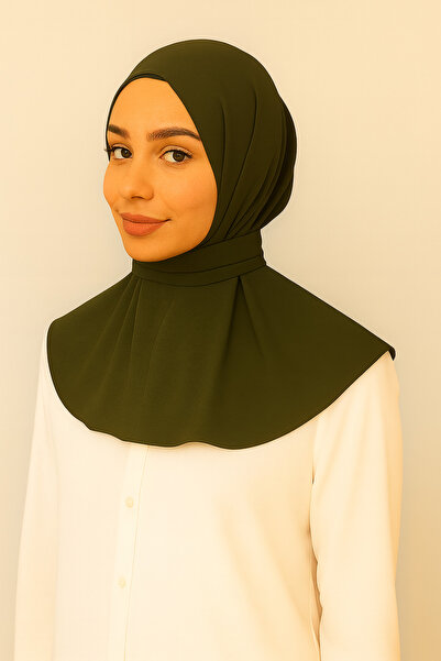 Merve Nayir Çıtçıtlı Arkadan Bağlamalı TesettürHaki Penye Hazır Pratik Şal