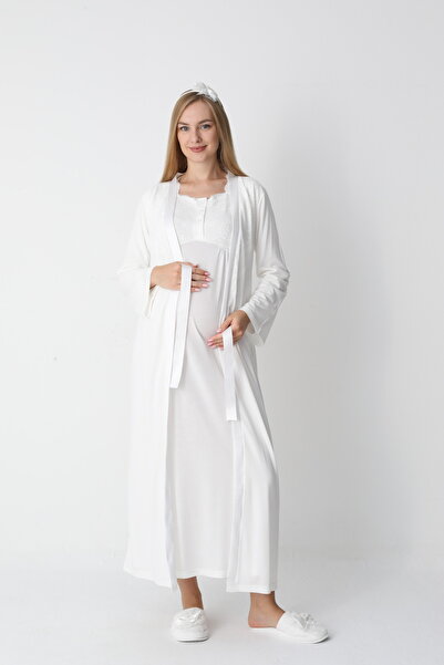 BLACKMORE Women's Special Lace Detailed Design Winter Maternity Nightgown Dressing Gown Set of 2