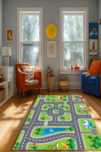 Kessy Home Studio Pixie Erkek Çocuk Halısı Yeşil Renkli Yol ve Hayvan Desenli...
