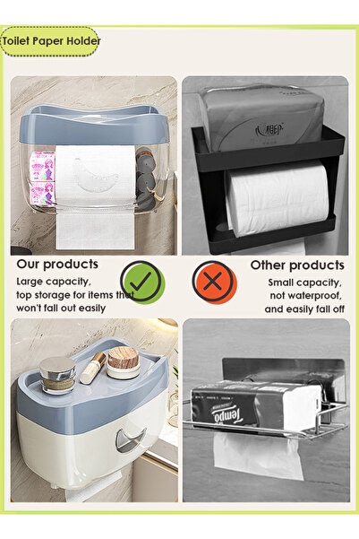 Generic 2PC Wall Mounted Toilet Paper Holder Waterproof Tissue Box Shelf with Holder No Hole Punching