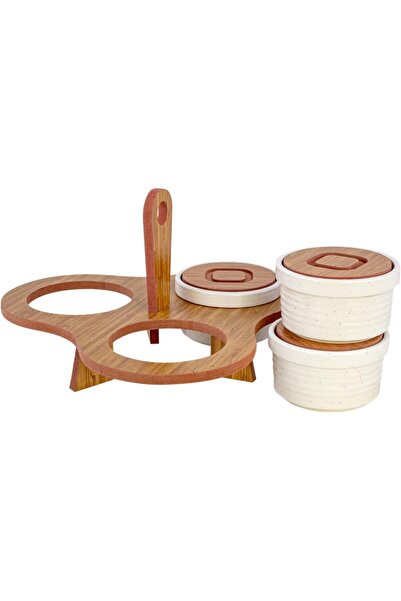 Generic ATL 3-Piece Wooden Serving Set for Spices, Breakfast & Jam - Round Wood & Ceramic