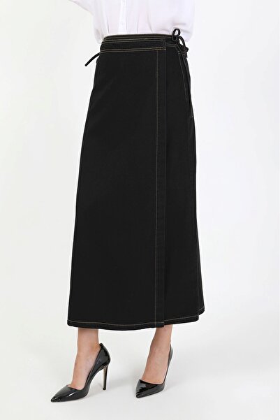 VELLICHOR Yandan Tie-Up Denim Skirt-Black