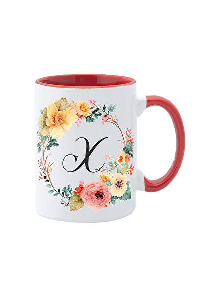 AFFIX THE DIFFERENT PERSPECTIVE Personalized white mug with the initial of the name inside and red handle Flower-Alphabet Collection letter X