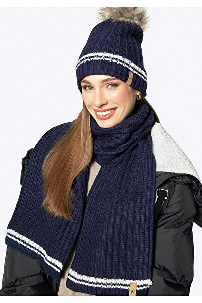 Wittchen Women's hat with striped pattern and pompom navy blue and white navy...
