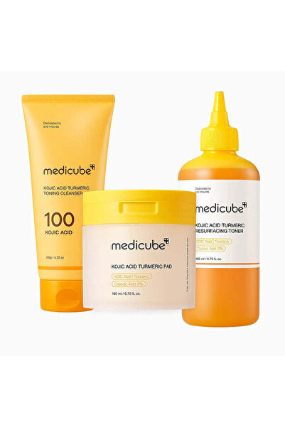 Medicube مجموعة العناية بالبشرة بحمض الكوجيك والكركم لتفتيح البشرة (منظف + تونر + فوط صحية)