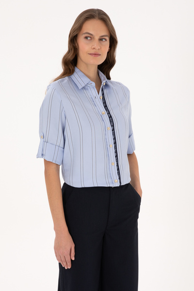 U.S. Polo Assn. Kadın Açık Mavi Uzun Kollu Çizgili Gömlek 50308645-VR003