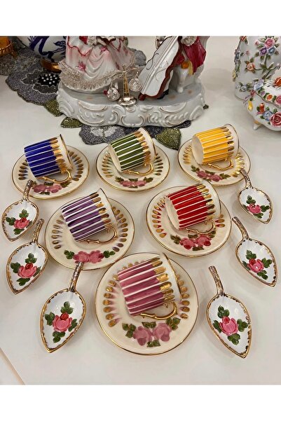Handmade Esterhomedecor 6-Person Hand-Painted Porcelain Coffee Cup Set and 6 Spoon Turkish Delight Holders