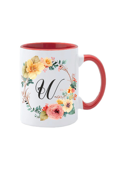 AFFIX THE DIFFERENT PERSPECTIVE Personalized white mug with the initial of the name inside and red handle Flower-Alphabet Collection letter W