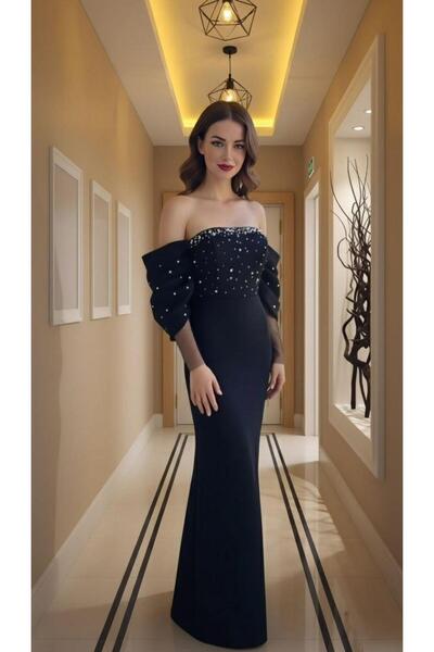 Modafeminen Flexible Scuba Fabric Strapless Flowy Sleeve Stone and Tulle Detail Evening Dress 583336 Black