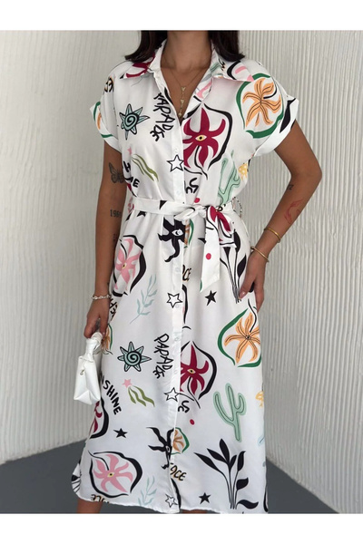 bysoca Γυναικείο πολύχρωμο φόρεμα με μοτίβο πουκάμισο με γιακά με ζώνη στο πλ...