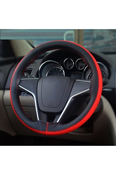 Avex Steering wheel cover made of BLACK GENUINE LEATHER WITH RED STRIPE, for cars, diameter 37 - 39 cm