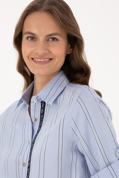 U.S. Polo Assn. Kadın Açık Mavi Uzun Kollu Çizgili Gömlek 50308645-VR003