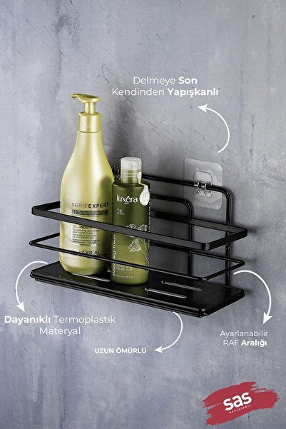 Sas Haus 2-Piece Black Adhesive Adjustable Bathroom Shelf, Rustproof Crystal Shampoo Holder (Adhesive/Screw-On)