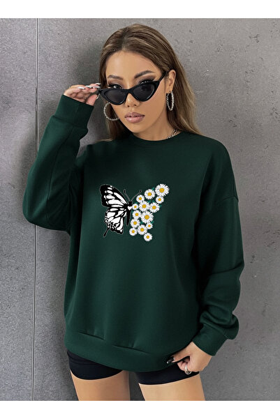 uyguntarz Unisex Daisy Butterfly Printed Design Oversized Crew Neck Sweatshirt