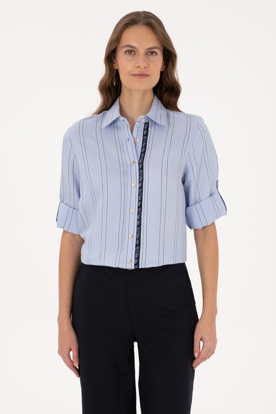 U.S. Polo Assn. Kadın Açık Mavi Uzun Kollu Çizgili Gömlek 50308645-VR003
