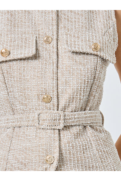 Styli Beige Tweed Belted Waistcoat with Flap Detail