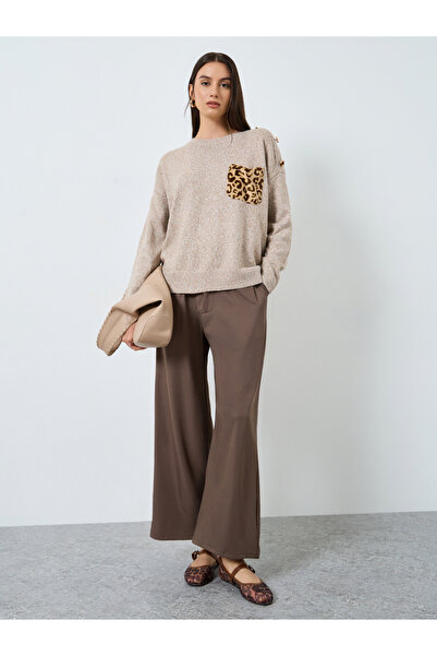 Take Two By Styli Beige Leopard Pocket Print Sweater